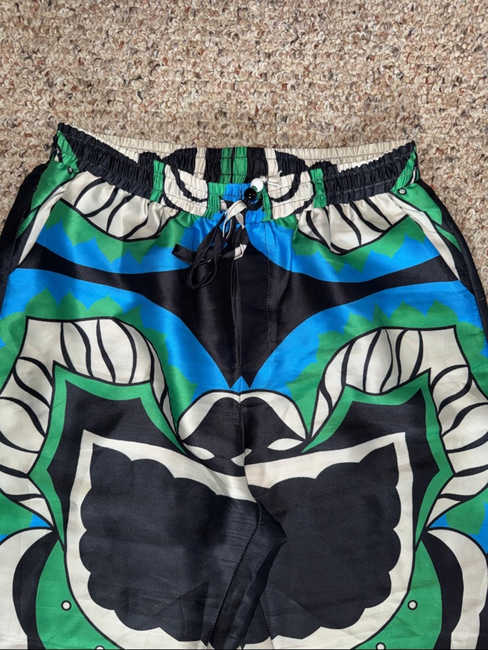MICAS Bold Graphic Wide-Leg Silk Pants in Black, Green & Blue - Picture 2 of 7